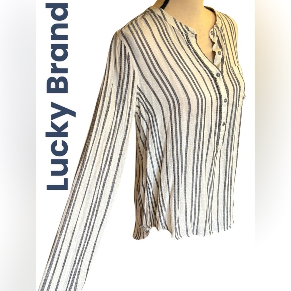 Lucky Brand-Medium 100% viscose off white/gray striped blouse. Roll tab sleeve - Picture 7 of 16
